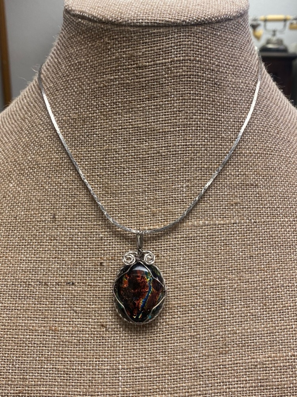 Handmade Multicolor Dichroic Glass Pendant Necklace - Silver Tone